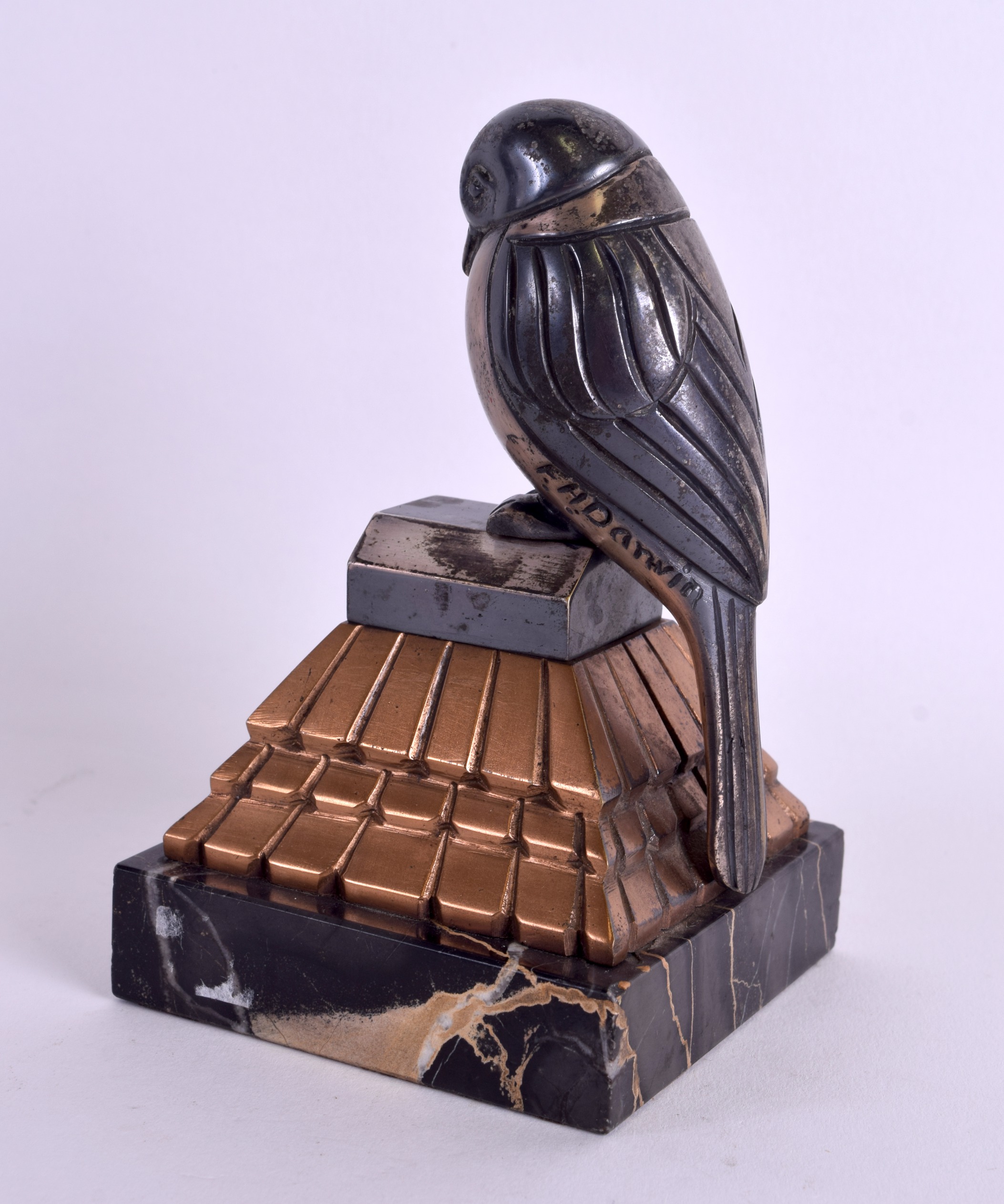 A CHARMING FRENCH ART DECO SILVERED BRONZE FIGURE OF A BIRD by F H Darwin, modelled upon a marble - Image 2 of 4