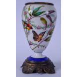 AN EARLY 20TH CENTURY GLASS VASE PAINTED WITH BIRDS AND BUTTERFLIES AMONGST FOLIAGE, fitted to a