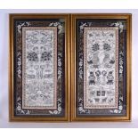 A LARGE PAIR OF FRAMED EARLY 20TH CENTURY CHINESE SILKWORK PANELS depicting urns and foliage. Silk