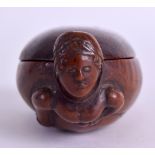A VERY RARE 18TH CENTURY CONTINENTAL CARVED TREEN SNUFF BOX of highly unusual erotic proportions,