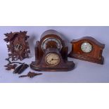 A MID 20TH CENTURY OAK MANTEL CLOCK, together with a "Black Forest" type clock and two others. (4)