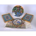 A PERSIAN POTTERY DISH, together with another similar and three paintings. (6)