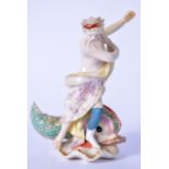 AN 18TH CENTURY DERBY Porcelain FIGURE OF NEPTUNE, modelled standing upon the dolphin. 15 cm high.