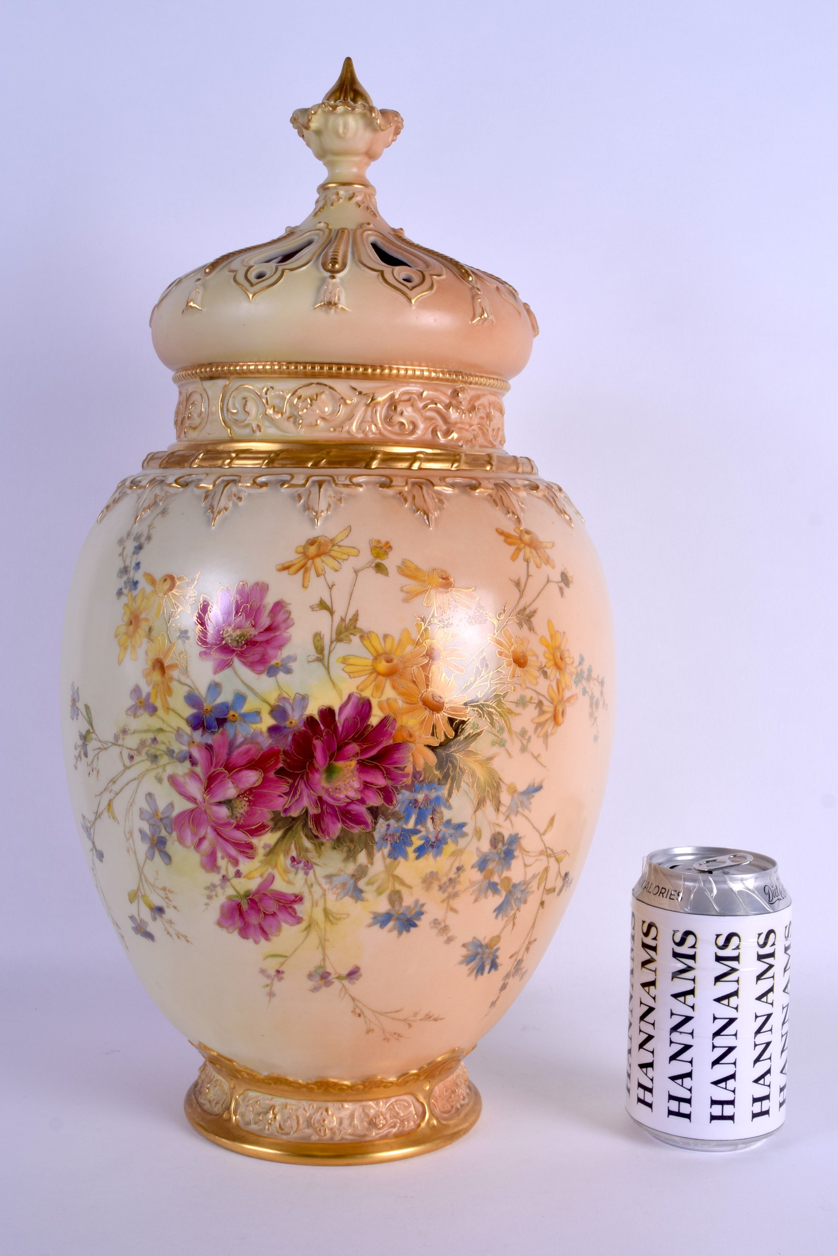 A HUGE 19TH CENTURY ROYAL WORCESTER BLUSH IVORY VASE AND COVER with inner cover, finely painted with