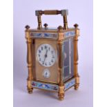 A CASED LATE 19TH CENTURY FRENCH CHAMPLEVE ENAMEL BRASS CARRIAGE CLOCK with two dials and foliate