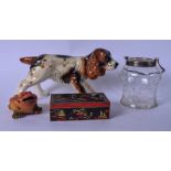 A LARGE PORCELAIN FIGURINE OF A DOG, together with an oriental cigarette box etc. (4)