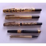 A VINTAGE 9CT WATERMANS GOLD PEN together with four other pens. 9 ct (10.4 grams). (5)