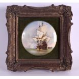 AN EX ROYAL WORCESTER ARTIST PLAQUE painted with a galleon at sail by Alan Telford. 12.5 cm