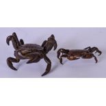 A 20TH CENTURY BRONZE FIGURE OF A CRAB, together with a smaller example. Largest 6 cm wide.