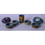 A SET OF FOUR EARLY 20TH CENTURY CHINESE CLOISONNE ENAMEL SALTS, together with two eggs and a