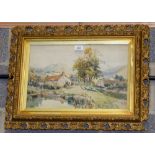 MORRIS (British), framed watercolour, houses in a river landscape, signed.