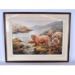 HEATHER M INSH, framed watercolour, cattle in a highland landscape, signed. 35 cm x 52 cm.