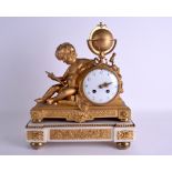 A MID 19TH CENTURY FRENCH ORMOLU AND WHITE MARBLE MANTEL CLOCK formed as a seated boy resting upon a
