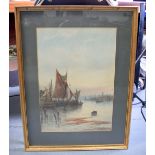 T MORTIMER (British), framed watercolour, boats in a costal landscape, signed. 50 cm x 34 cm.