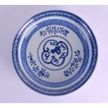 AN 18TH CENTURY JAPANESE EDO PERIOD BLUE AND WHITE CIRCULAR DISH painted with a stylised dragon.