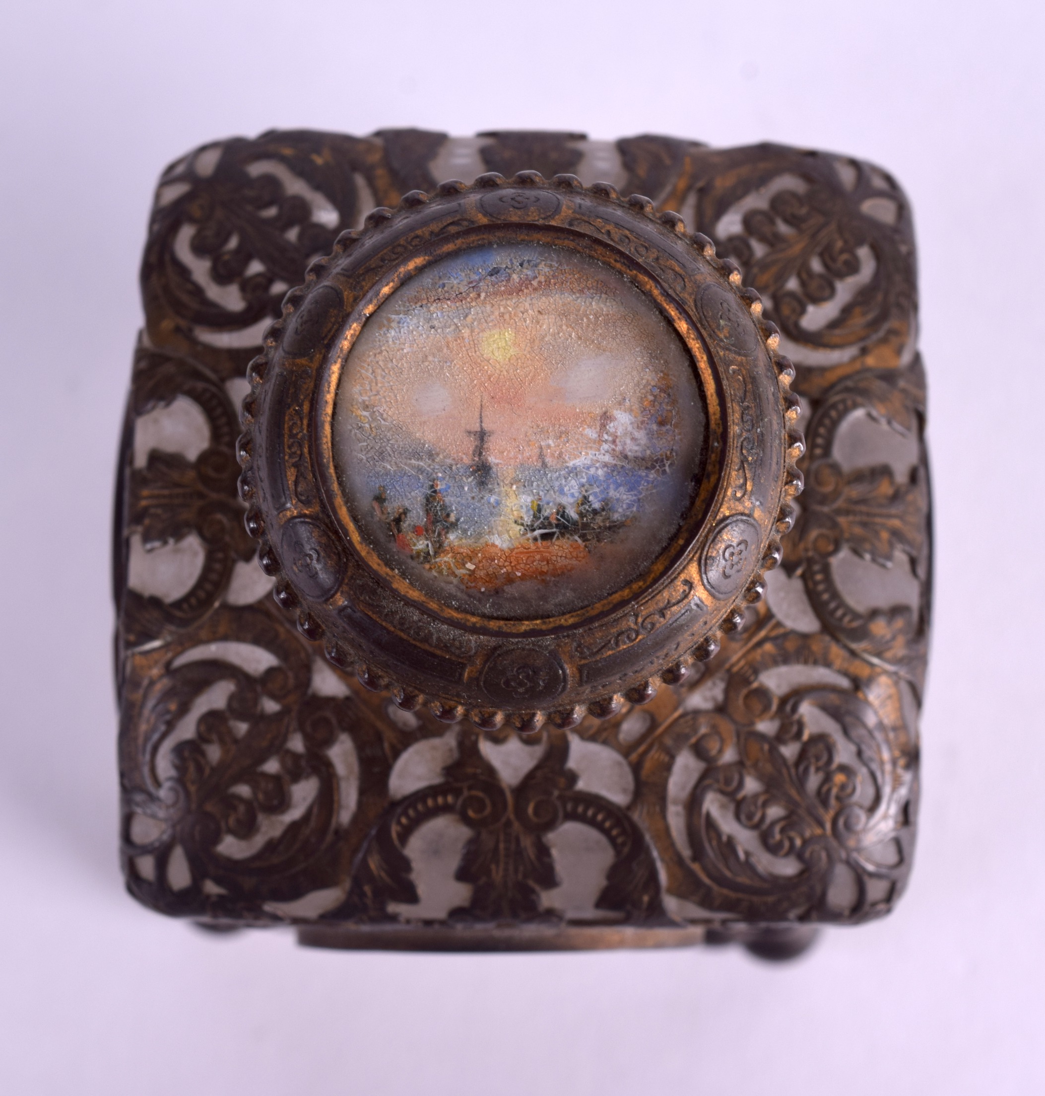 A 19TH CENTURY FRENCH GRAND TOUR BRASS OVERLAID SCENT BOTTLE decorated with figures and - Image 3 of 3