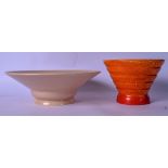 AN ART DECO SUNBURST ORANGE BRANNHAM PORCELAIN RIBBED VASE, together with a large "Mushroom"