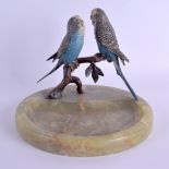 AN EARLY 20TH CENTURY AUSTRIAN COLD PAINTED BRONZE AND ONYX DESK STAND formed as two budgies upon