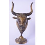 A LATE 19TH CENTURY BRONZE BUST OF A BULL, modelled upon a circular base. 22 cm high.