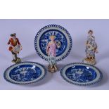 A SET OF THREE BLUE AND WHITE RETICULATED PORCELAIN PLATES, together with three continental figures.