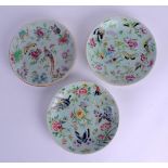 A SET OF THREE 19TH CENTURY CHINESE CANTON FAMILLE ROSE CELADON DISHES Qing, painted with birds