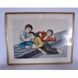 RENE PINARD (1883-1938), framed lithographic print, three homeless young men comforting each other