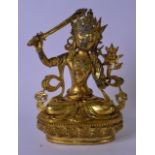 A LARGE CHINESE SINO TIBETAN GILT BRONZE STATUE OR BUDDHA IN THE FORM OF MANJUSHRI, formed seated