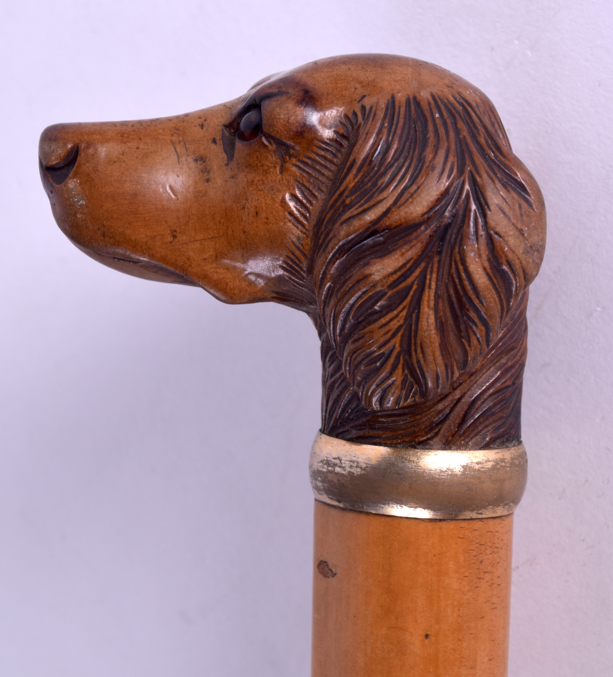 A LATE VICTORIAN CARVED WOOD DOG HEAD PARASOL with glass eyes and white metal rim. 82 cm long. - Image 3 of 5