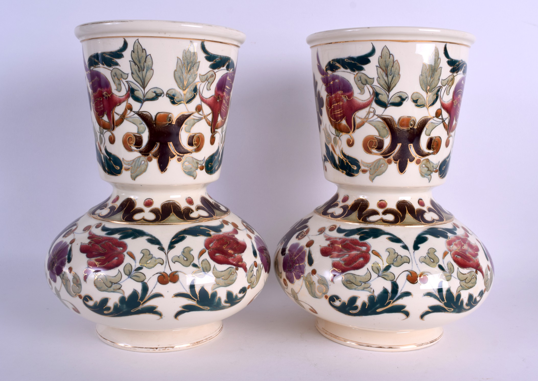A PAIR OF AUSTRO HUNGARIAN RUDOLF DITMAR VASES Zsolnay style, painted with flowers. 25 cm high. - Image 2 of 4