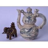 A 20TH CENTURY CHINESE BLUE AND WHITE PORCELAIN TEA POT, together with an Indian bronze statue of an
