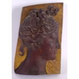 A 19TH CENTURY EUROPEAN PAINTED WOODEN PLAQUE OF A FEMALE modelled as a classical portrait. 15 cm