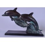 A LARGE 20TH CENTURY BRONZE SCULPTURE OF TWO DOLPHINS, formed leaping through crashing waves on a