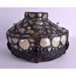 AN ART NOUVEAU DRAGONFLY LEAD LINED MOTHER OF PEARL JEWELLED LAMP in the manner of Tiffany.