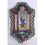 A 19TH CENTURY FRENCH FAIENCE MAJOLICA FONT painted with Madonna and child standing within a