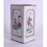 A 19TH CENTURY CHINESE FAMILLE ROSE SQUARE FORM PORCELAIN BRUSH POT bearing Qianlong marks to