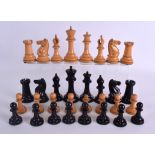 A LARGE 19TH CENTURY JACQUES OF LONDON BOXWOOD AND EBONY CHESS SET contained within a mahogany
