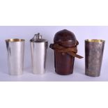 A RARE LATE 19TH CENTURY INDIAN CALCUTTA SILVER HUNTING FLASK with two fitted silver beakers. 35 oz.