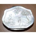 A MID 19TH CENTURY CONTINENTAL SILVER AND MOTHER OF PEARL SNUFF BOX carved with a female and child