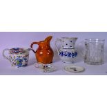 A FRENCH POTTERY JUG, together with a Staffordshire jug, pin dish etc. (6)