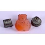 TWO 19TH CENTURY CHINESE BRONZE SEALS together with a carved agate figure of a boy. (3)
