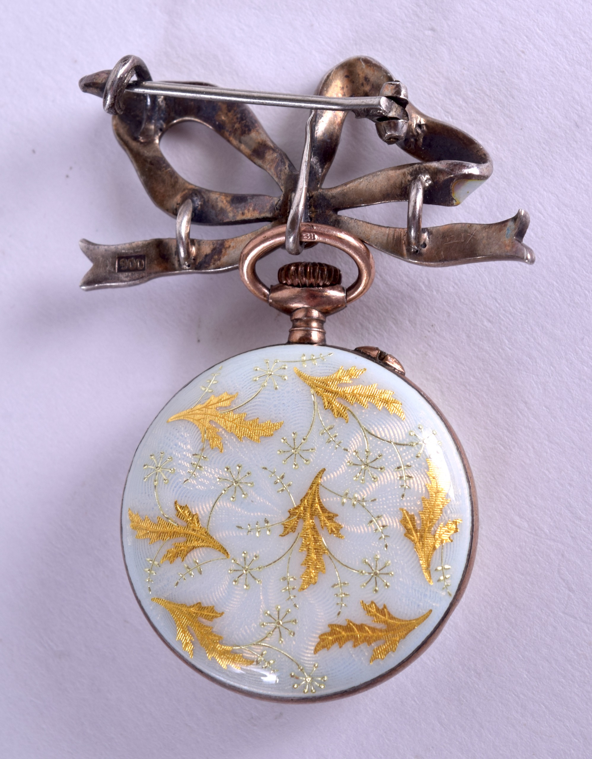 AN EDWARDIAN 9CT GOLD ENAMEL AND SILVER LADIES FOB WATCH with attaching hanging enamelled ribbon. - Image 3 of 5