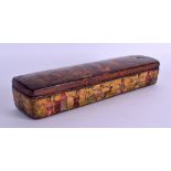 A 19TH CENTURY PERSIAN QAJAR LACQUER RECTANGULAR PEN CASE AND COVER painted with portraits,