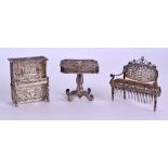 THREE 19TH CENTURY MINIATURE MALTESE SILVER PIECES OF FURNITURE including a settee, table & piano.