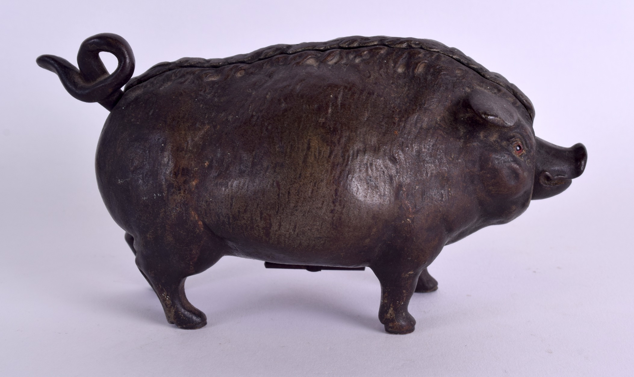 A RARE MID 19TH CENTURY CAST IRON NOVELTY TABLE BELL in the form of a chubby pig, his nose and - Image 2 of 4