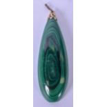 A MALACHITE PENDANT WITH YELLOW METAL MOUNT, teardrop shaped. 6.5 cm long.