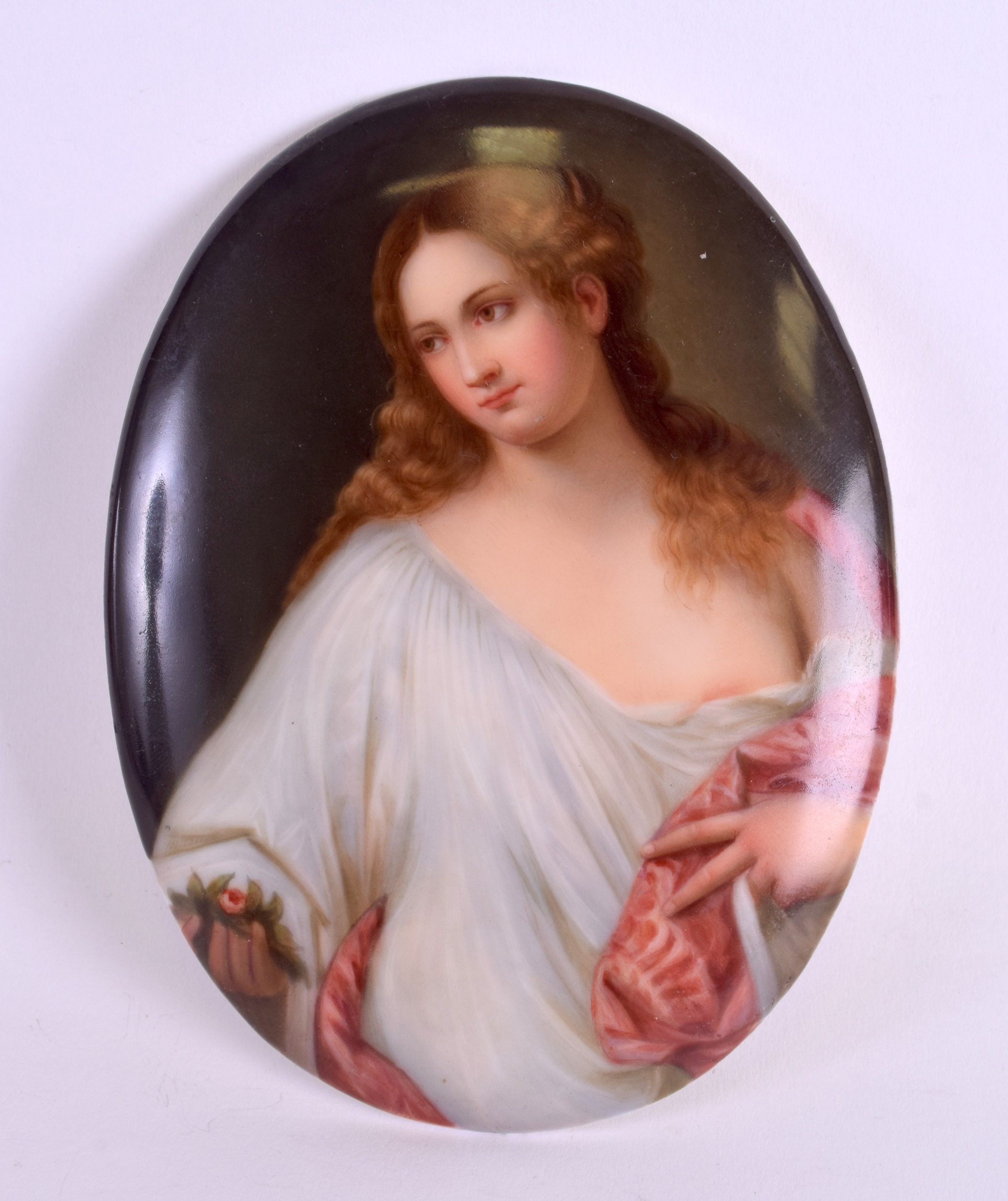 A LATE 19TH CENTURY GERMAN PORCELAIN PLAQUE painted with a female wearing a white and red robe. 11