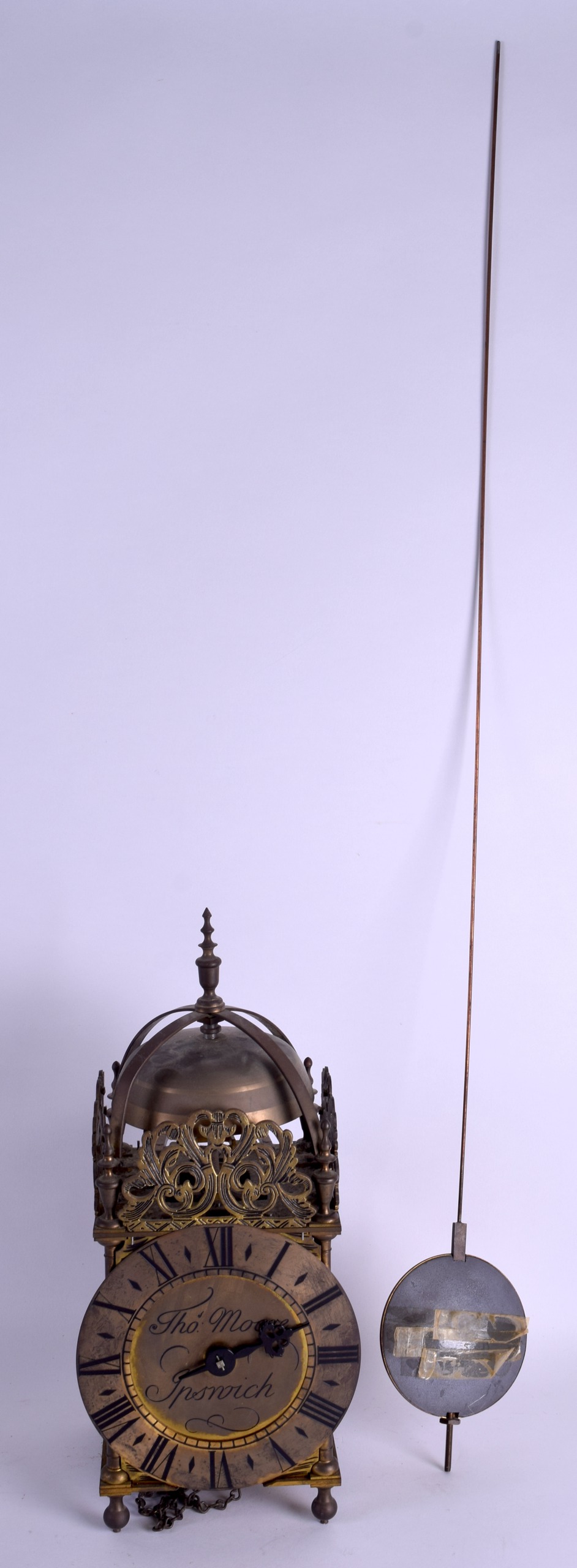 A BRASS LANTERN CLOCK by Thomas Moore of Ipswich, decorated with open work foliage. 37 cm x 15 cm. - Image 6 of 6