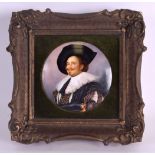 AN EX ROYAL WORCESTER ARTIST PLAQUE painted with a laughing cavalier by Alan Telford. 9.5 cm