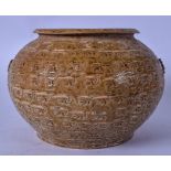 A LARGE EASTERN MOTTLED GREEN GLAZED VASE, decorated with thatch work type decoration to body and