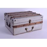 A SMALLER ANTIQUE PAINTED WOOD AND WHITE METAL STUD WORK TRUNK. 30 cm x 24 cm.